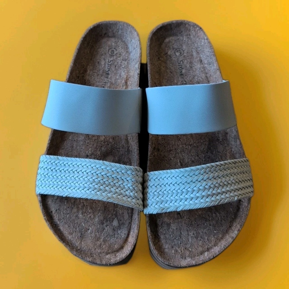 Stoney River Platform 2 Strap Slides Cork Footbed Rubber Soles Sz 8 Women's  GUC